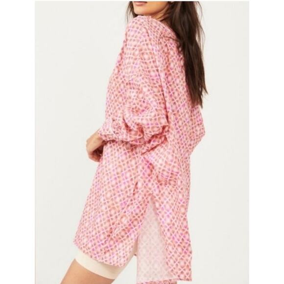 Intimately Free People Oversized Buttondown Blouse Pink Geo Print Linen Blend S - Picture 11 of 12